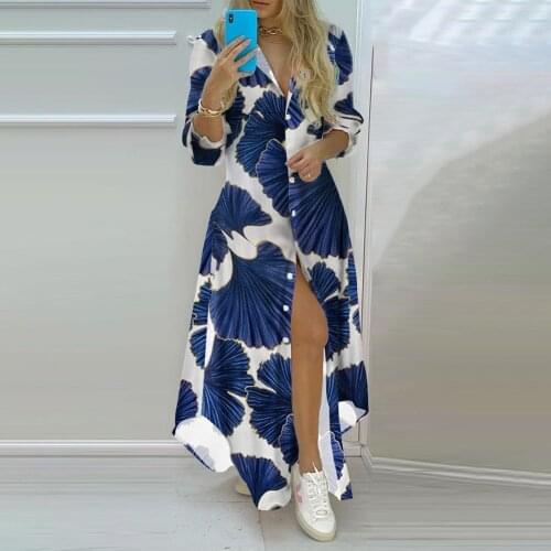 Boho Shirt Maxi Dress Woman Spring Autumn Fashion V-neck Irregular Long Dresses For Women 2021 Casual Striped Print Robe Femme