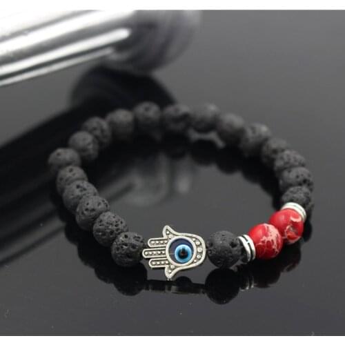Natural Lava Stone Beads Bracelet Hand of Fatima Hamsa Charm Bracelets Elastic Evil Eye Amulet Beads Men Women Bracelet