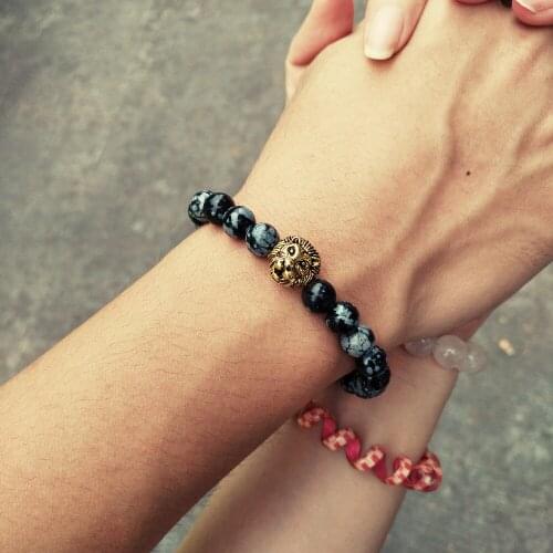 2018 Sale Mens Lion Bracelets 8mm Snowflake Obsidian Stone Beads Antique Lion Head Bracelets for Couples & Lover Men Jewelry