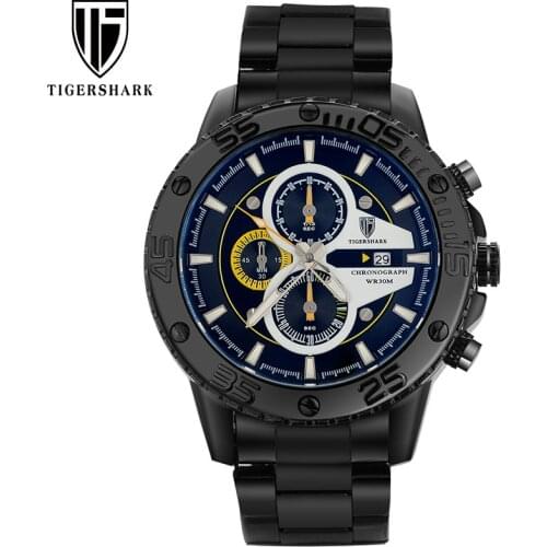 TIGERSHARK Men Watch Chronograph Stainless Steel Sports Watches Luminous 30M Waterproof Fashion Watch With Gift Box