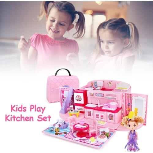 Kids Play Kitchen Set Portable Handbag Castle Pretend Play House Doll House Set For Children Toys Girl Interaction Puzzle Toys
