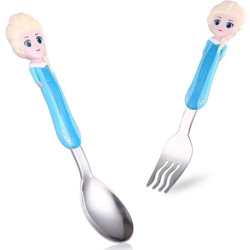 Disney 2PCS/Set Utensils Feeding Babies Childrens Cutlery Baby Spoon Cute Thing Elsa Stitch Snow White Lightning
