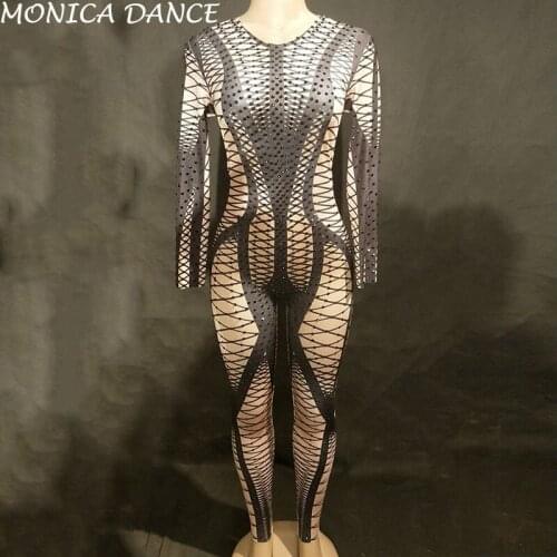 Women Sexy Black White Grid Sparkling Crystals Stage Jumpsuit Nightclub Birthday Party Wear Singer Dancer Bling Dance Costumes