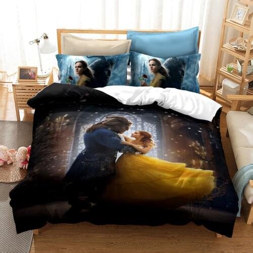 King Size 3D Printing Bedding Sets Beauty and the Beast Bedding Set Duvet Cover Bed Sheets Pillowcases Bed Linen Home Textile
