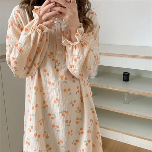 Korean Cotton Long Nightgown Women Casual Loose Ins Cherry Print Sweet Sleepwear O-Neck Long Sleeve Ruffles Kawaii Homewear