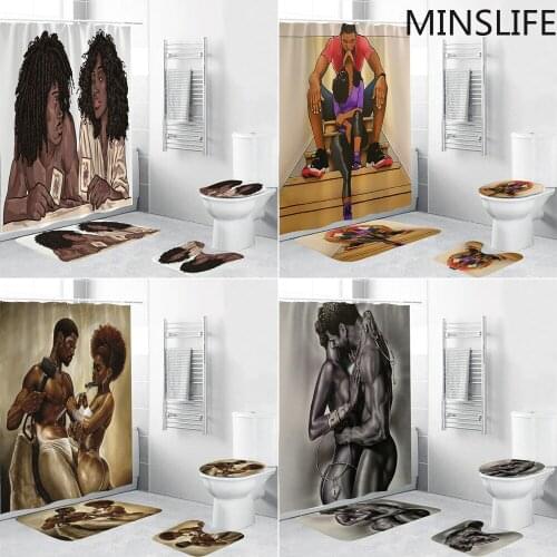 Intimate African Couple Pattern Bathroom Sets with Shower Curtains and Rugs Durable Toilet Lid Cover Bath Mats Sets Home Decor