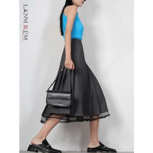 LANMREM 2021 Autumn New Grey Lace Stitched High Waist Skirt Women Mid-length Pleated A-line Skirts Female Fashion Casual 2W395