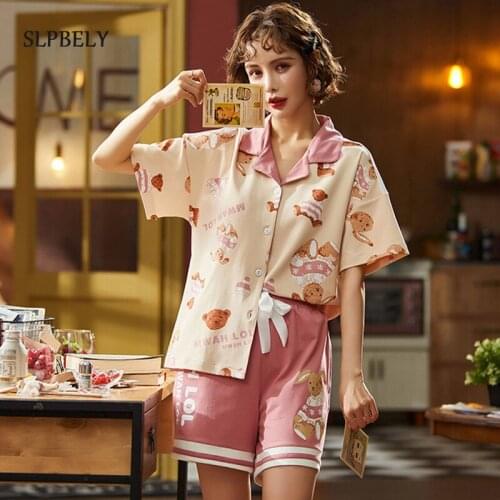 SLPBELY Lovely Cartoon Pajamas for Women Sweet Doll Collar Sleepwear Short Sleeved Summer Casual Pyjamas Loungewear Homewear New