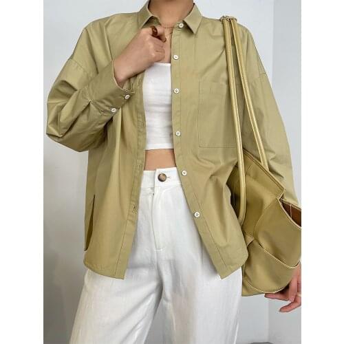 Oeuvrey Womens Long - Sleeve Shirt Relaxed Fit Cotton Top Outerwear Blouse