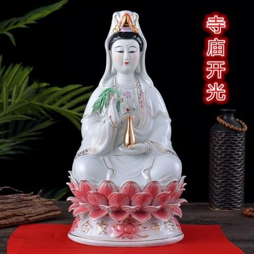 Wholesale Buddha figure HOME SHOP Temple Propitious FENG SHUI Avalokitesvara Nanhai Guanyin Bodhisattva Buddha color Ceramic statue Bless peace safe health good luck 30CM TALL