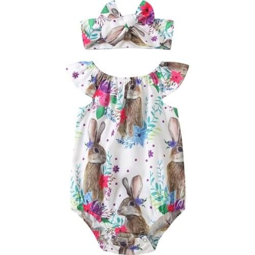 0-24M Easter Rabbit Print Clothes Set, Baby Girls Flying Sleeve Round Collar Jumpsuit with Buttons + Headband