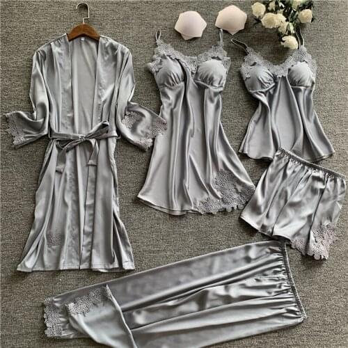New Women Pajamas 5 Pieces Satin Sleepwear Pijama Silk Home Wear Home Clothing Embroidery Sleep Lounge Pyjama with Chest Pads