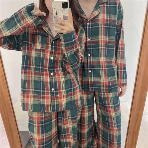 Unisex Womens Mens Turndown Collar Pajama Sets.Vintage Ladies Girl‘s Green Plaid Pyjamas Set Sleepwear Suit Home Loungewear