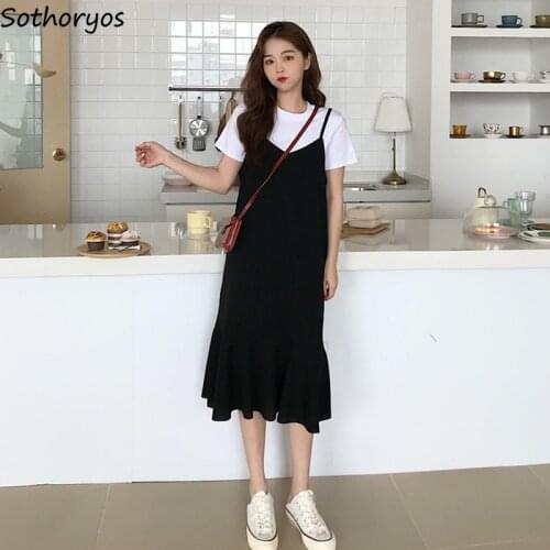 Dress Women Black Solid Sleeveless Breathable New Fashion Elegant Womens Mid-calf Korean Style Mermaid Casual Slim Fit Hot Sale