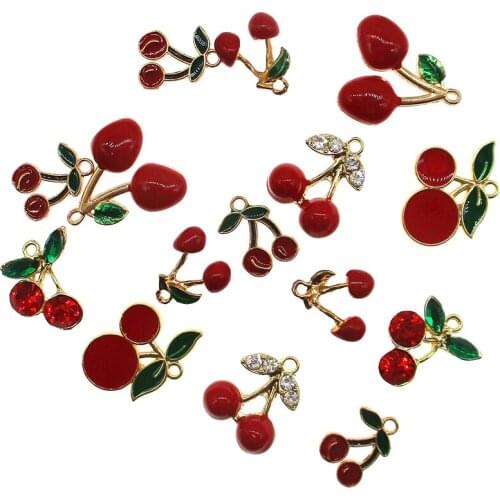 10pcs Fruit Series of Cherry Enamel Charms Mosaic rhinestones Alloy Floating Pendant For Fashion DIY Jewelry Accessories XL704