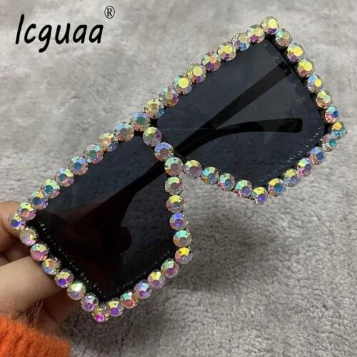 Crystal Diamond Oversized Sunglasses Women Square Luxury Candy Shades Brand Luxury Glasses Transparent Frame UV400 Oculos