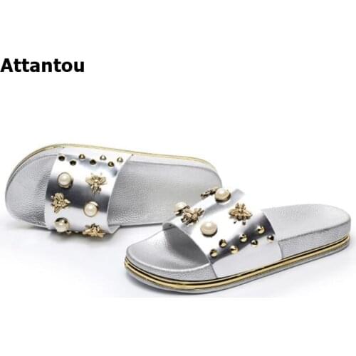New Women Slippers Flat Casual Women Shoes Slip On Slides Beach Slippers Flip Flops Sandals Fashion Rivet Pearl Slipper 36-41