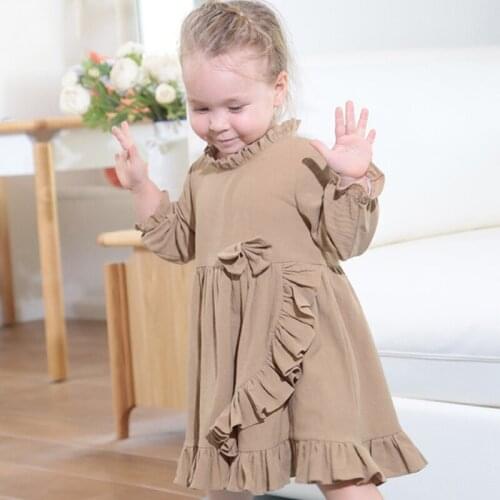 Spring Autumn Long Sleeve Linen Children Dress New Cute Bow Ruffle Solid Color Frill Collar Kids Clothes Girls Dress
