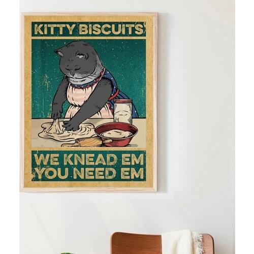 Funny Kitchen Wall Decoration Canvas Painting Black Cat Kitty Biscuits We Knead Em You Need Em Vintage Kitty Poster Art prints