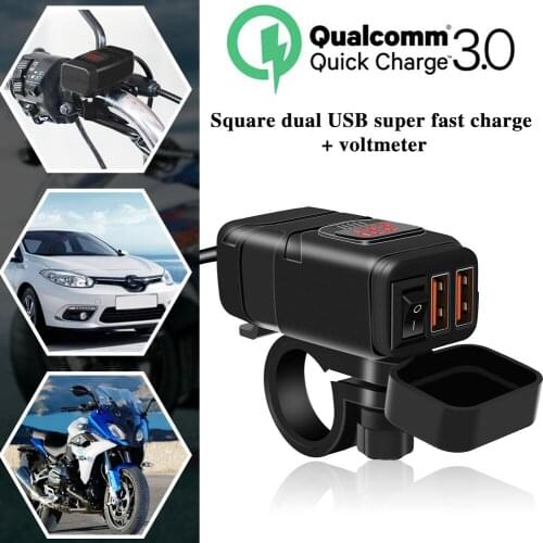 Dual USB Port 12V Waterproof Motorcycle Handlebar Charger Quick Charger 3.0 with Voltmeter USB Motorcycle Charger
