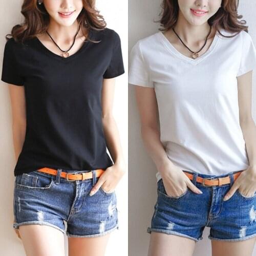 Womens Milk Fiber Basic T-Shirt Summer Short Sleeve V-Neck Tops Solid Color Slim A0NF