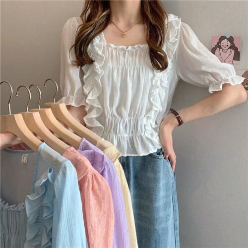 Blouse Square Neck Short-sleeved Chiffon Shirt Womens Summer New Korean Style Loose and Thin All-match Casual Top Trend