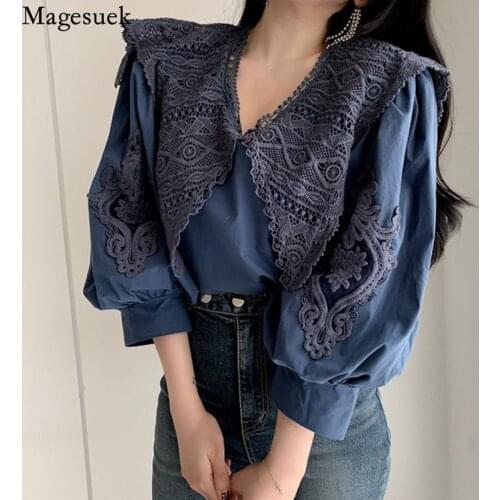 Vintage Embroidery Big Lapel Blouse Women Autumn Korean Fashion Hollow Lace Flower Womens Shirt Lantern Sleeve New Blusas 16125