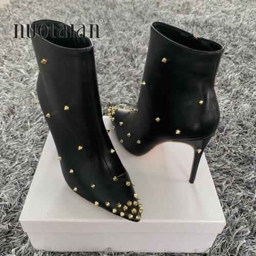 2020 Fashion Women Boots 10cm High Heels Rivets Ankle Boots Plus Size 42 Thin Heels Winter Boots Stiletto PU Leather Black Shoes