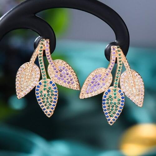 Brand Trendy Office Multicolor Leaf Earring For Women Wedding Cubic Zirconia Dubai Bridal Earrings Costume Jewelry Summer Party