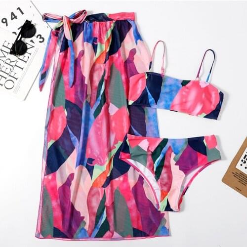Womens Floral Print 3pcs Bikinis Set Swimwear with Mesh Maxi Wrap Skirt Cover Up Tie Side Summer Beach Swimsuits Bathing Suits