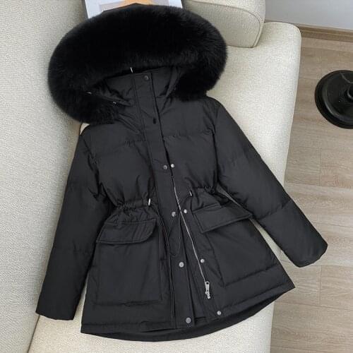 2021 Winter White Duck Down Coats Women Puffer Jackets Real Fox Fur Collar Short Hooded Female Adjustable Waist Outwear