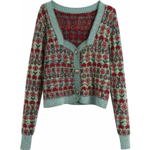 Autumn 2020 New Retro Flowers Jacquard Knitted Square Neck Single Breasted Short Coat Sweater Womens