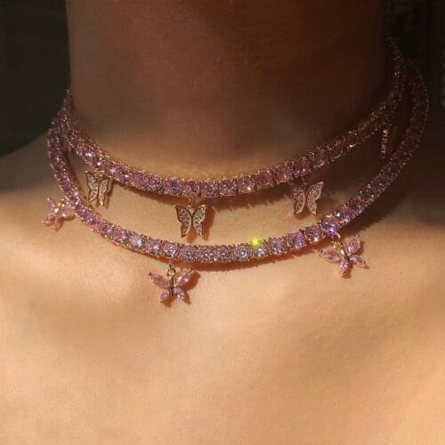 YWZIXLN Boho Charm Bling Pink Crystal Butterfly Pendant Fashion Choker Necklaces Bijoux For Women Elegant Choker Jewelry N0103