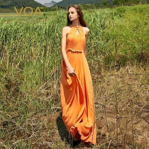 VOA Silk Georgette Deep Orange Bodycon Dress Sleeveless Wood Ear Fold Backless Strap Design Medium and Long Bodycon Dress AE1038