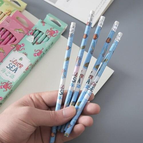 12pcs/pack Love Sea HB Pencil Rubber Head Wood Pencil Writing Drawing Pencil for School Girls School Office Stationery Supplies