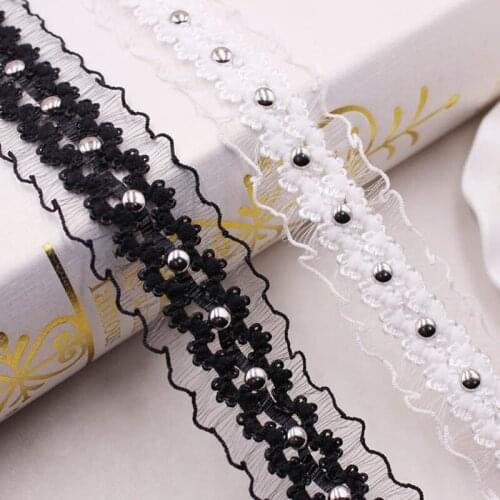 2Yds White Black Elastic Fungus Lace Beaded Lace Trim Ribbon Collar Bridal Applique Skirt Splice DIY Sewing Clothing Accessories
