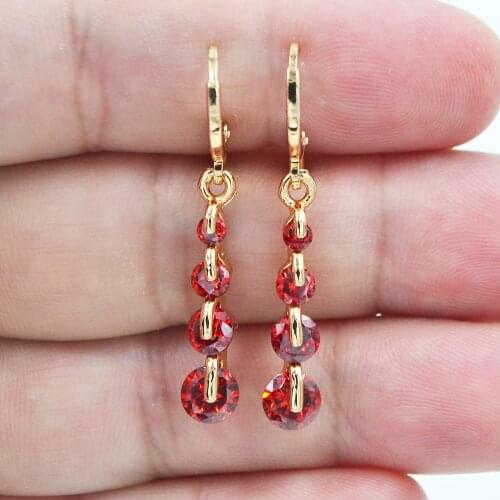 AAA+ Cubic Zirconia Gold Color Fashion Red Round CZ Dangle Earrings for Women