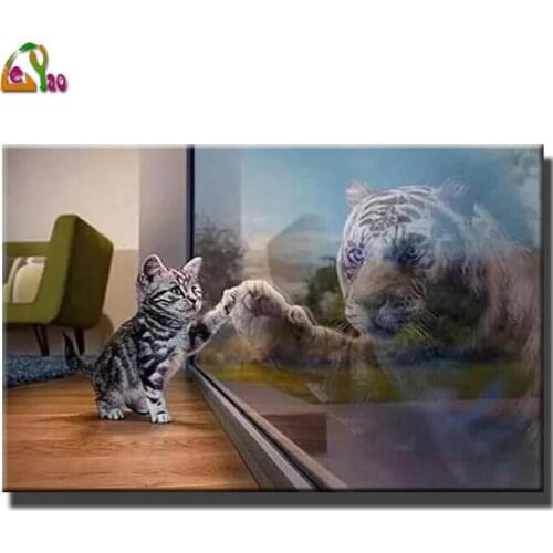 Full Square/Round Diamond 5D DIY Diamond Painting "Cat And Mirror Tiger" Embroidery Cross Stitch Mosaic Home Decoration Gift