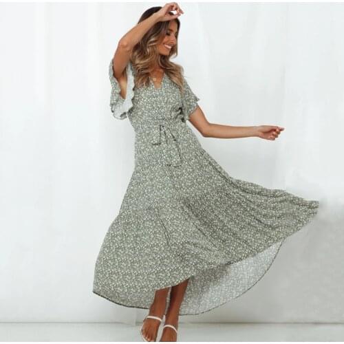 Ardm Fashion Floral Print платья для женщин V Neck Ruffled Sleeve Maxi Dress High Waist Belt Elegant Summer Dress Vintage Robe