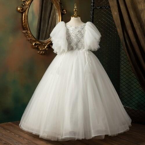 Flower Girl Dresses Illusion Tulle Lace Embroidery Pearls Short O-Neck Princess Floor-Length Luxury White Kids Party Gown H602