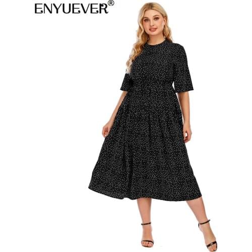 Enyuever Elegant Black Polka Dot Dress Plus Size Women Summer Clothes Sleeve Button High Waist Robe Vintage Retro Casual Dress
