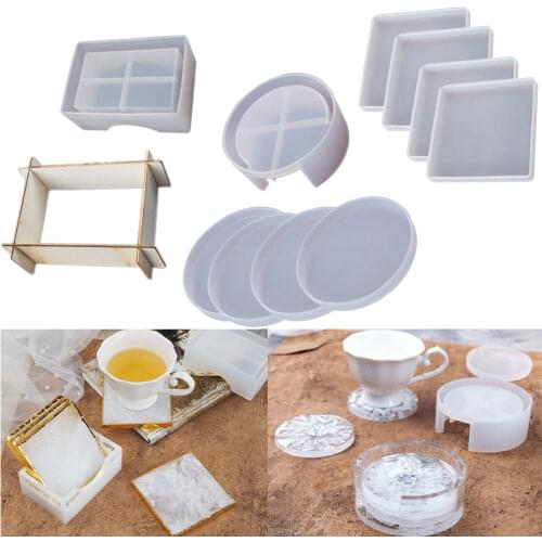 5pcs Coaster Molds with Coaster Storage Box Mold Kit Silicone Coaster Molds for Resin Epoxy Casting Square Round Cup pad Mould