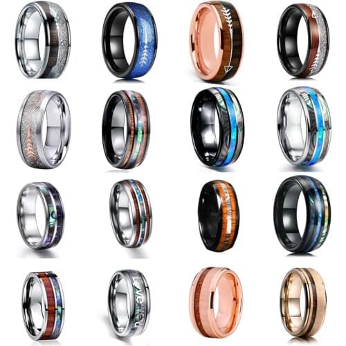 16 Style 8mm Fashion Luxury Tungsten Carbide Stainless Steel Ring Wood Inlay Arrow and Shell Inlay Ring Wedding Men Jewelry Gift