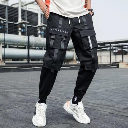 Spring overalls mens fashion black casual cotton multi-pocket overalls mens streetwear hip-hop loose jogging track pants