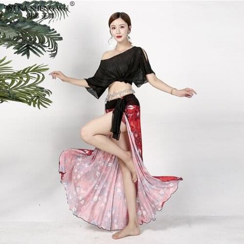 New Belly Dance Costume Women Short-Sleeve Sexy Mesh Irregular Top/Split Skirt Traning Suit For Beginners Oriental India Dance