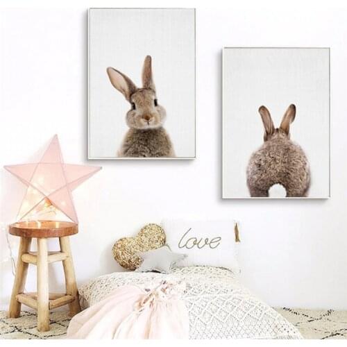 Rabbit BunnyTail Woodland Animal Nursery Decor Flower Canvas Painting Girls Poster Prints Wall Art Picture Kids Room Home Decor