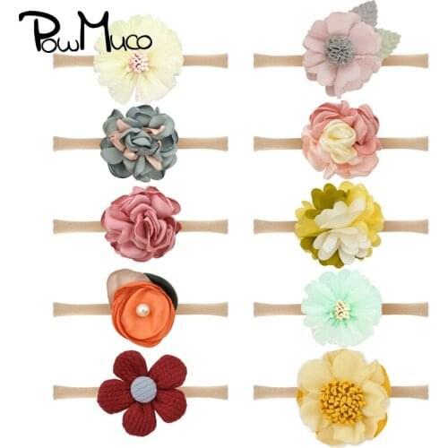 Powmuco 10pcs/lot Fashion Chiffon Floral Elastic Nylon Headband Colorful Artificial Flower Baby Girls Hairband Kids Accessories