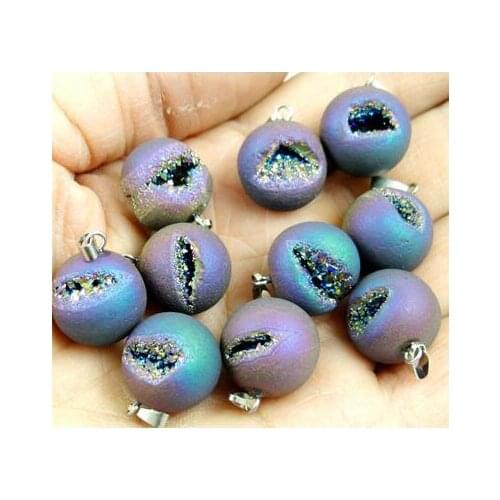 Natural Stone Round Titanium Crystal Crystal tooth Beads charms chakra Pendants for diy Jewelry Making Necklace6PC