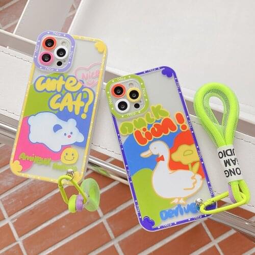 Korea Cute Bear Duck Shockproof Transparent Phone Case for iPhone 12 Pro Max 11 XR X XS 7Plus 8Plus Soft back Cover With Lanyard