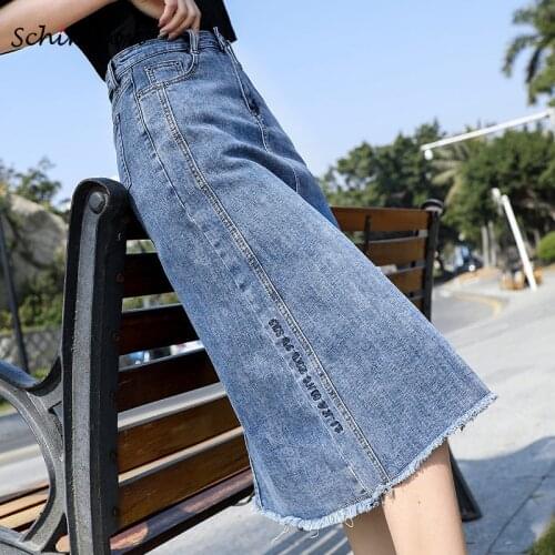 Schinteon Women Denim A-lined Skirt Jeans High Waist Big Size Skinny Letter Embroidery Office Lady Skirts Spring Summer 2021 New